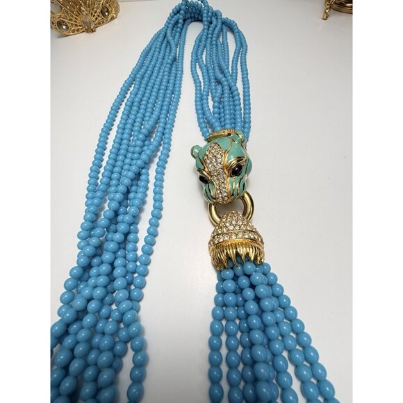 Ciner Luxury Feline Head Turquoise Beaded Necklace Earrings Set Vtg Stunning - Picture 8 of 16